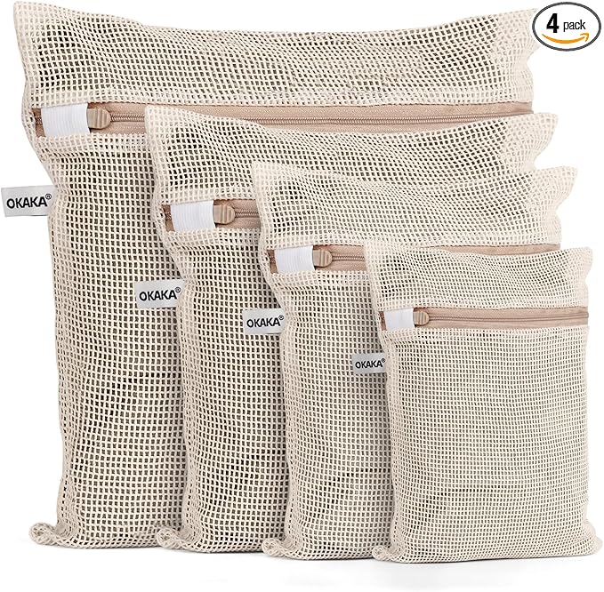 100% Cotton Mesh Laundry Bags, Premium Soft, No Dye, Set of 4, Natural