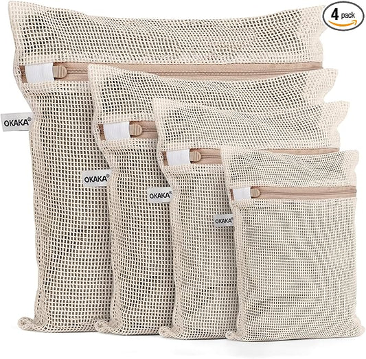 100% Cotton Mesh Laundry Bags, Premium Soft, No Dye, Set of 4, Natural