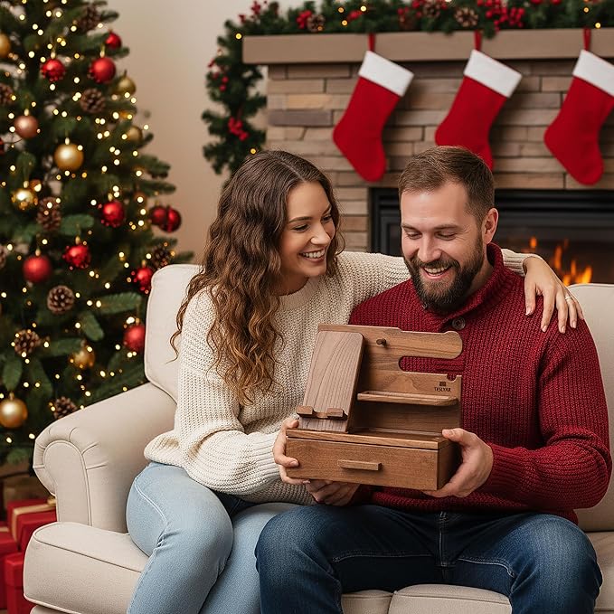 TESLYAR Wood Phone Docking Station with Drawer - Nightstand Organizer - Desk Organizer for Husband - Birthday Gifts for Men, Dad, Anniversary Idea, Key Holder Stand Watch & Accessories (Desert Beige)