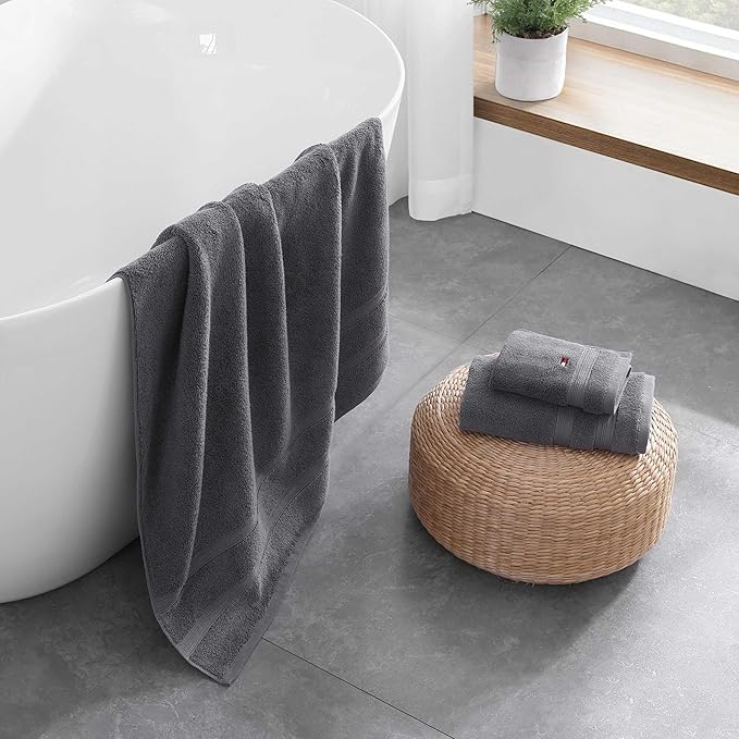 Tommy Hilfiger - Bath Towels, Ultra-Soft & Quick Drying with Zero Twist, 600 GSM Bathroom Towels with Iconic Flag Accent (Harborside Solid Charcoal Grey, 6 Piece)