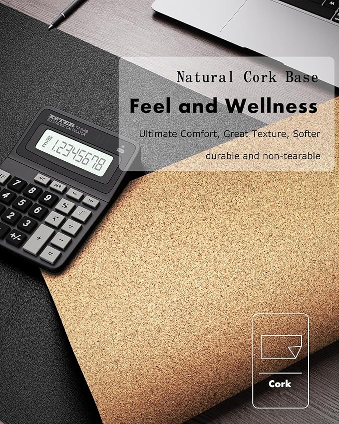 YSAGi Double-Sided Desk Pad, Leather Desk Mat, Eco Cork Desk Pad Protector, Large Mouse Pad for Desk, Waterproof Desk Blotter Pad, Desk Writing Pad for Office Work/Home (Black+Cork, 47.2" x 17")