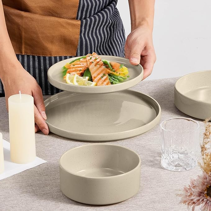 Herogo 24 Piece Dinnerware Sets with Double Bowls, Stoneware Plate and Bowls Set for 6, Ceramic Dinner Dishware for Kitchen Dining, Microwave & Dishwasher Safe, Speckled Khaki
