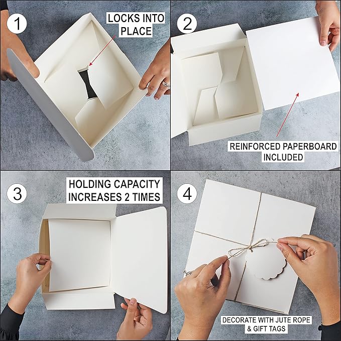 White Gift Boxes (Pack of 20) Size 8x8x4 Inches, Thick Paper Boxes with Lids, Tags & Jute Rope for Bridesmaid Proposals, Wedding Presents, Birthday Party Favor, Baby Shower and Christmas