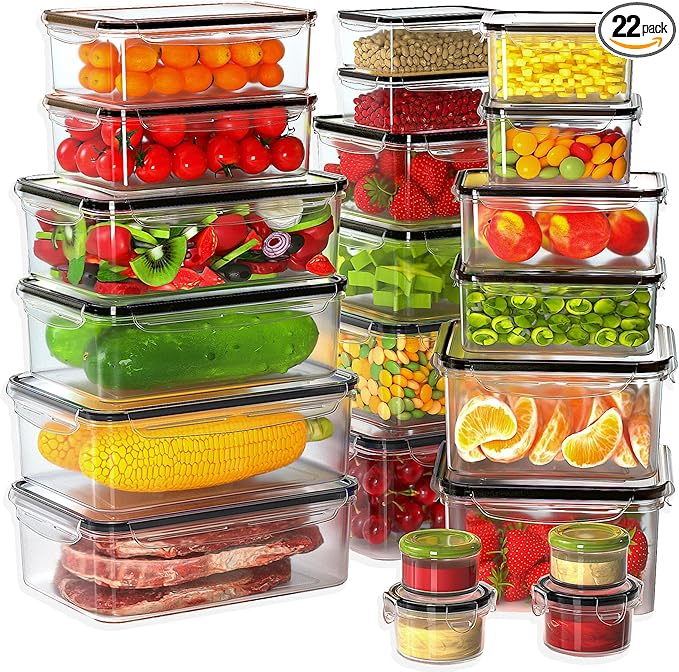 44 PCS Plastic Food Storage Containers with Lids Airtight, BPA-Free Leakproof Meal Prep Containers Reusable,Microwave & Dishwasher & Freezer Safe,Includes Labels & Pen
