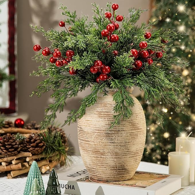 Rustic Ceramic Flower Vase - 8in Vintage erracotta Vase for Home Decor - Christmas Decorative TFlower Bud Vases, Mondern Farmhouse Vase - Living Room Shelf Decor Table, Lyeec