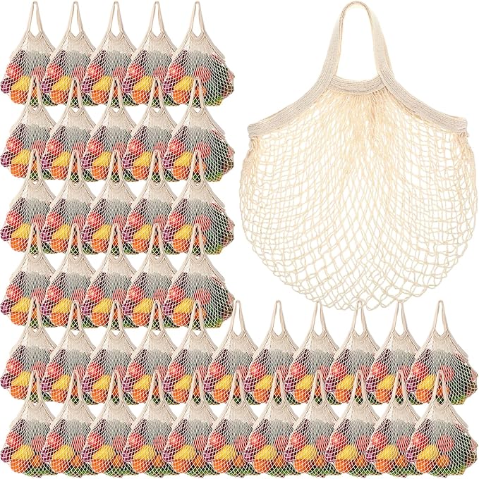 Paterr 50 Pack Cotton Mesh Produce Bags Bulk Reusable Market Bag Washable Net Grocery Purse String Shopping Tote Beach Organizer for Vegetable Fruit Picnic Food Storage (Short Handle,Beige)