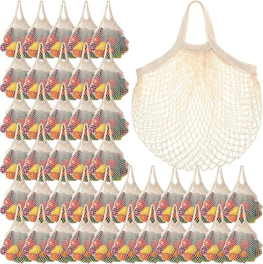 Paterr 50 Pack Cotton Mesh Produce Bags Bulk Reusable Market Bag Washable Net Grocery Purse String Shopping Tote Beach Organizer for Vegetable Fruit Picnic Food Storage (Short Handle,Beige)