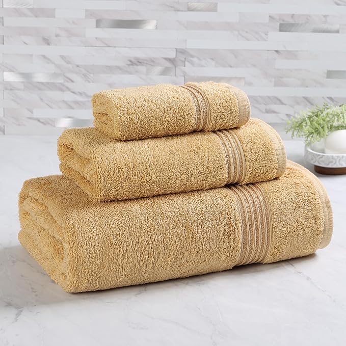 Superior Egyptian Cotton 3-Piece Towel Set, Basic Towels For Bathroom, Home Decor, Guest Bath, Shower, Apartment, Included 1 Face, 1 Hand, 1 Bath Towel, Washcloth, Quick Dry, Gold