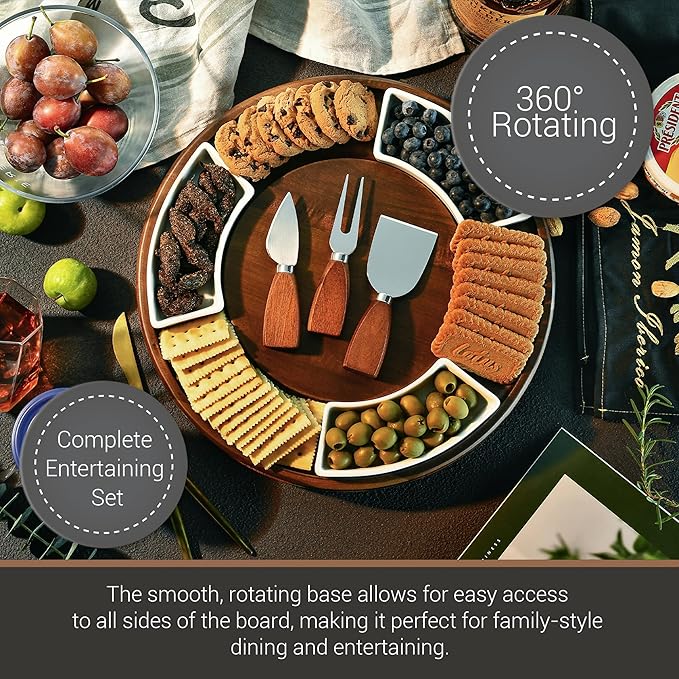Shanik Acacia Wood Lazy Susan Cheese Board – Rotating Serving Platter for Cheese, Charcuterie, Appetizers, and Snacks, Entertaining, Parties, and Family Gatherings