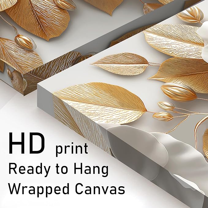 Tarfupth Floral Canvas Wall Art for Living Room Gold and White Flowers Large Botanical Artwork for Bedroom Office Home Decor Canvas Prints 24"x48"