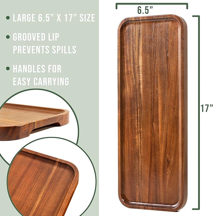 Large Solid Acacia Wood Serving Trays (17 x 6.5 inches) Rectangular Wooden Serving Platters for Home Decor, Food, Vegetables, Fruit, Charcuterie, Appetizer Serving Tray, Cheese Board (Set of 3 Plates)