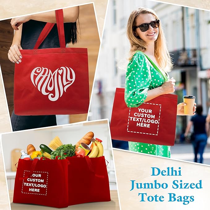 DISCOUNT PROMOS Custom Jumbo Sized Tote Bags Set of 10, Personalized Bulk Pack - Reusable Grocery Bags, Shopping Bags, Promotional Item Totes for Women - Red
