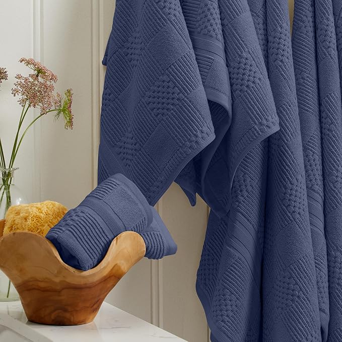 Springtree Home 100% Cotton Bathroom Towel Set | 6 Piece Set - Blue Towels | Geometric Textured Design | Absorbent & Quick-Dry | Oeko-TEX® Standard 100 Cotton | Myla Collection - Indigo