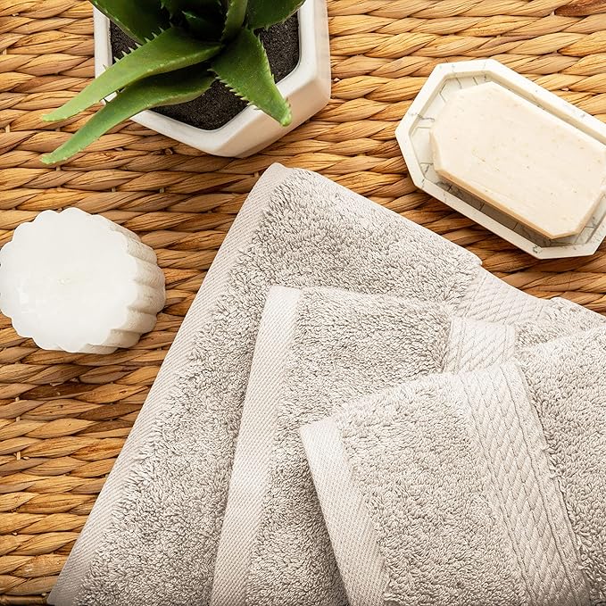 BLUENILEMILLS Buckingham Egyptian Cotton 3-Piece Towel Set, Washcloths, Hand Towels, Bath Towels, Stone