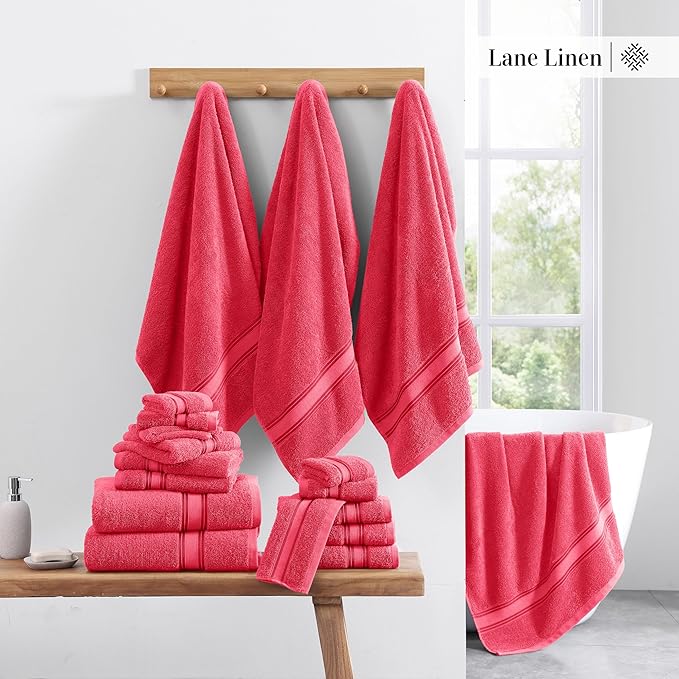 LANE LINEN 100% Cotton Bath Towel Set of 12 – 4 Bath, 4 Hand Towel & 4 Washcloths, Zero Twist, Absorbent Softness for Daily Use, Perfect for Airbnb, Spa & Hotel, Machine Washable – Honeysuckle