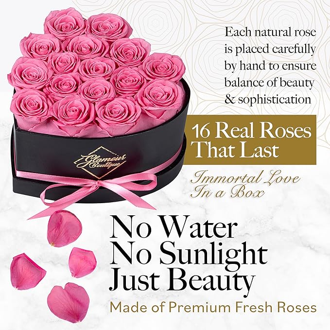 GLAMOUR BOUTIQUE 16 Flower Forever Heart Shape Box - Preserved Roses Gift for Her, Preserved Flowers, Pink