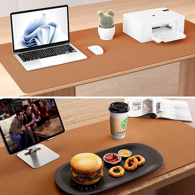 Aothia Double-Sided Desk Pad, Leather Desk Mat, Eco Cork Desk Pad Protector, Large Mouse Pad, Waterproof Desk Blotter Protector for Office/Home (25.6"x13.7", Brown)
