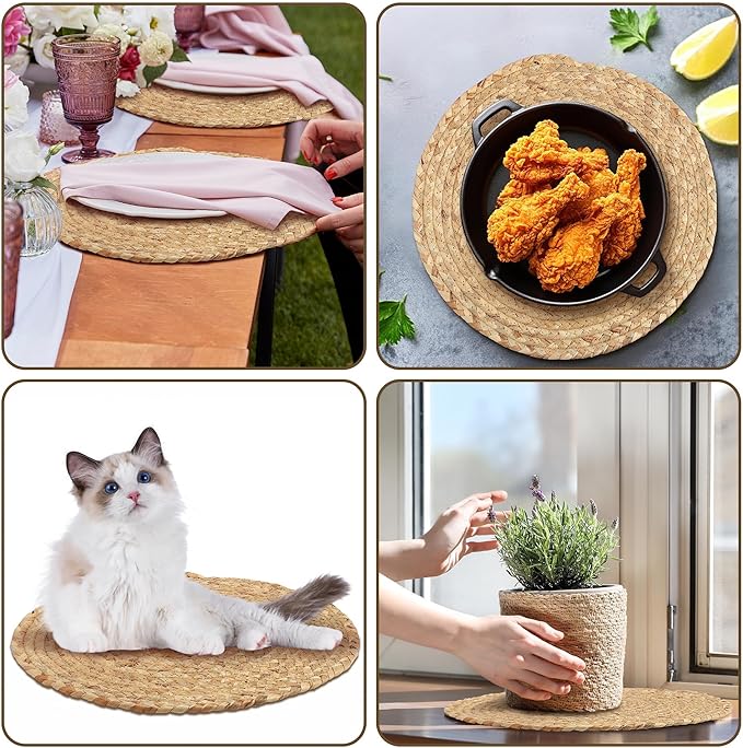 Set of 12 Round Woven Placemats 13.5-Inch Natural Water Hyacinth Plant Placemats Hand-Woven Boho Rattan Placemat Wicker Weave Table Mats for Home Dinner Plates Holiday Supplies