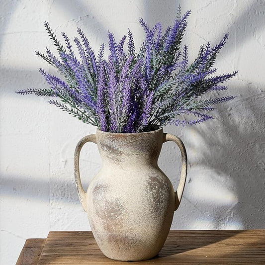 Antique Ceramic Rustic Vase with 2 Handles, Farmhouse Round Flower Vase, Vintage Terracotta Vases for Home Decor, Wedding, Living Room, Table, Shelf Decor - 8.6 Inch Tall, Terra