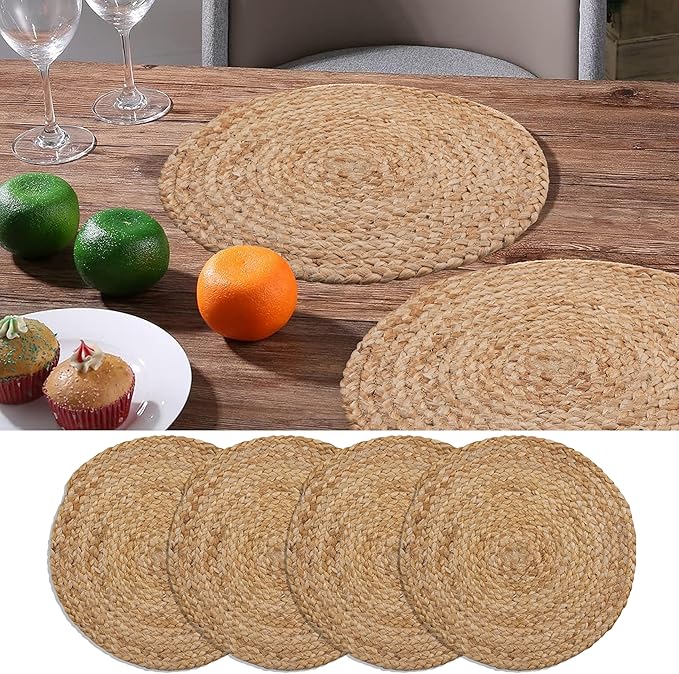 Craft Trade Set of 4 Round Woven Placemats Rattan Boho Hyacinth Farmhouse Wicker Placemats for Dining Table Indoor Outdoor Dining Table Mat (13 Inch Diameter)