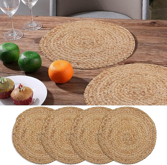 Craft Trade Set of 4 Round Woven Placemats Rattan Boho Hyacinth Farmhouse Wicker Placemats for Dining Table Indoor Outdoor Dining Table Mat (13 Inch Diameter)