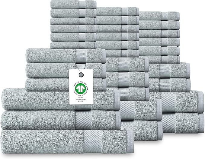 Delara Organic Cotton Luxuriously Plush Bath Towel 33 Piece Set|GOTS & Oeko-TEX Certified|Premium Hotel Quality Towels|Feather Touch Technology|650 GSM Long Staple|Soft, Quick Dry & Ultra-Absorbent