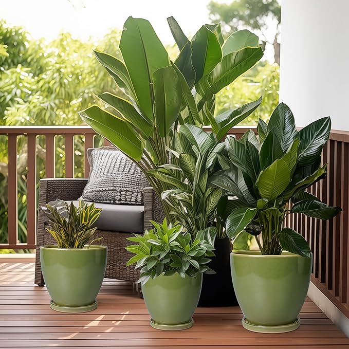 Ceramic Planters for Indoor Plants - 6.8 Inch Plant Pot with Drainage Hole and Saucer Round Modern Flower Pot Home Garden Patio Decor Green