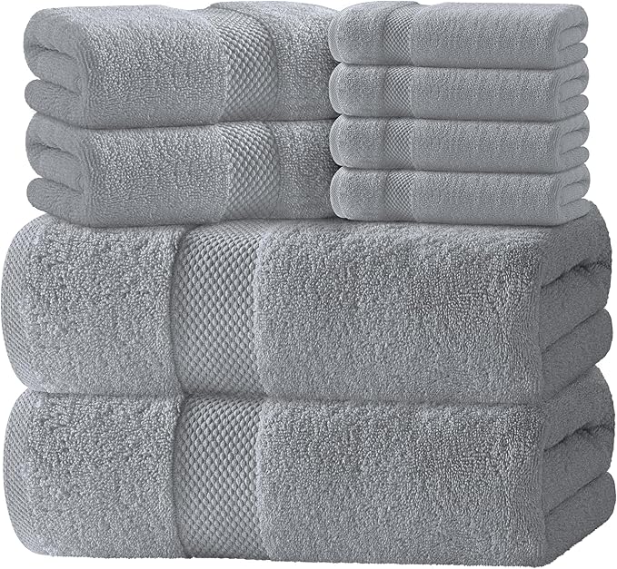White Classic Luxury Bath Towel Set of 8 Pieces - 100% Turkish Cotton Highly Absorbent Towels for Bathroom, 2 Luxury Bath Towels 700GSM, 2 Hand Towels, 4 Washcloths, Dolphin Gray