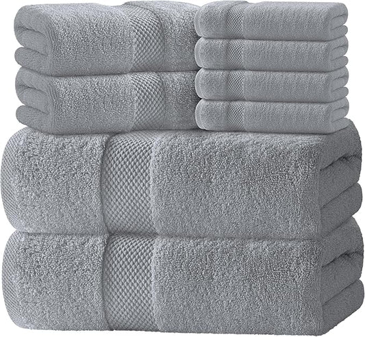 White Classic Luxury Bath Towel Set of 8 Pieces - 100% Turkish Cotton Highly Absorbent Towels for Bathroom, 2 Luxury Bath Towels 700GSM, 2 Hand Towels, 4 Washcloths, Dolphin Gray