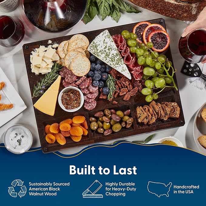 Sonder Los Angeles Alfred Cutting Board Made in USA | Black Walnut End Grain Cutting Board with Non-Slip Feet, Juice Groove, Sorting Compartments | Gift Box Included | 17x13x1.5 in