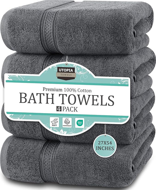 Utopia Towels 4 Pack Premium Bath Towels Set, 27 by 54 Inches, 100% Ring Spun Cotton 600GSM, Lightweight and Highly Absorbent Quick Drying Towels, Perfect for Daily Use, Grey