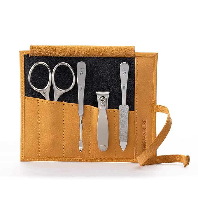 GERMANIKURE 4pc Manicure Set in Yellow Leather Case - Made in Solingen Germany, FINOX Stainless Steel Tools – Professional Quality Compact Nail Grooming Kit