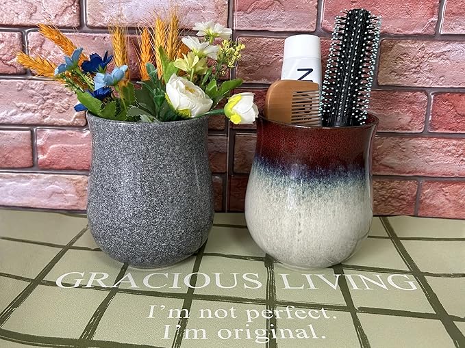 Medium Ceramic Kitchen Utensil Holder for Kitchen Counter Short Cooking Utensil Holder for Countertop Spatula Holder Small Utensil Crock Cutlery Holder Silverware Caddy Flower Vase (Retro Red)