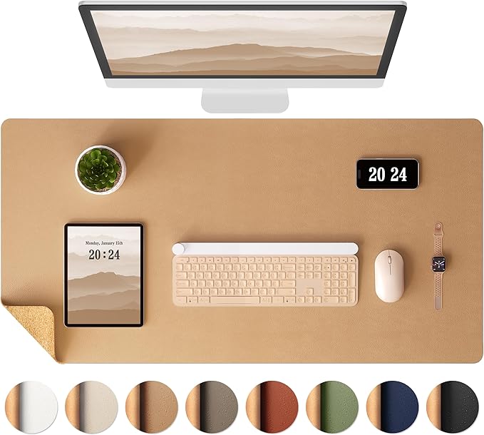 Aothia Dual-Sided Desk Mat - Leather & Cork Desk Protector, Large Mouse Pad & Writing Pad for Office/Home, Waterproof, Apricot (35.4" x 15.7")