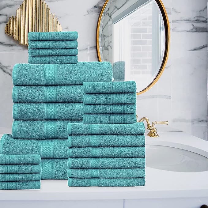 HILLFAIR 24 Piece Bath Towels Set for Bathroom- 100% Cotton 24 PC Bulk Pack Hotel Spa Towel Set- 2 XXL Oversized Big Towels, 4 Bath Towels, 6 Hand Towels, 4 Fingertip Towels, 8 Washcloths: Turquoise