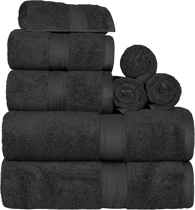 BLUENILEMILLS Madison Egyptian Cotton Towels, Towel Set for Bathroom, Shower, Hotel, Plush, 900 GSM, Highly Absorbent and Ultra-Soft Towels, Bath Essentials, 8 Piece Assorted Towel Set, Black