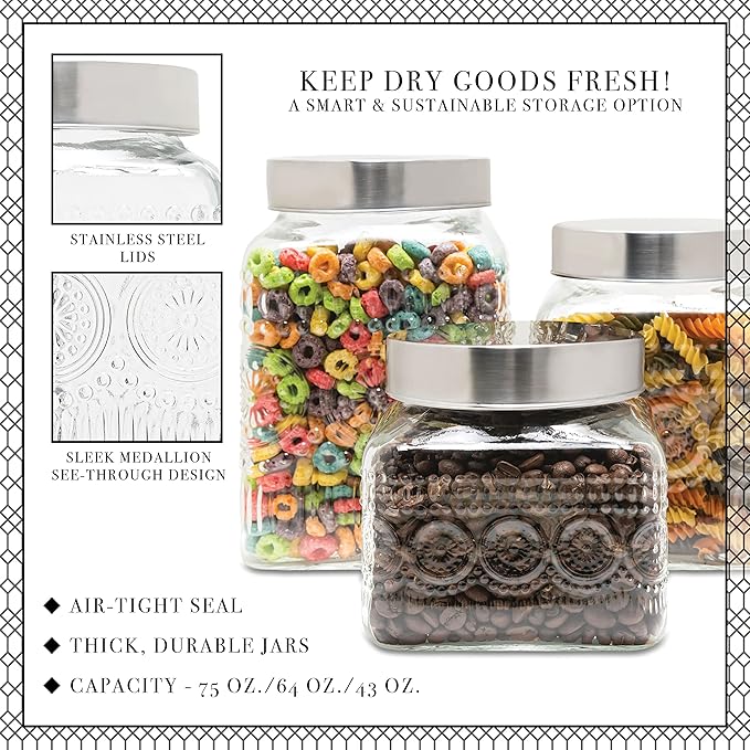 Style Setter Canister Set Decorative Glass Jars Chic Retro Floral Design with Airtight Lids for Cookies, Candy, Coffee, Flour, Sugar, Rice, Pasta, Cereal and More (Medallion Square)