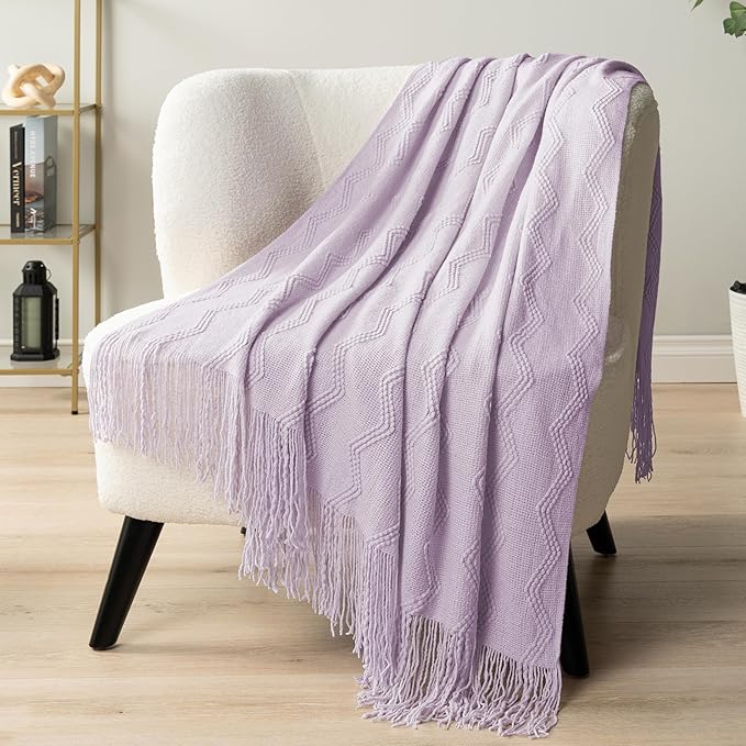 PAVILIA Lavender Purple Knit Throw Blanket for Couch, Twin Bed, Soft Knitted Farmhouse Sofa Throw for Living Room, Lightweight Decorative Summer Blanket for Chair, Outdoor Textured Boho Blanket, 60x80