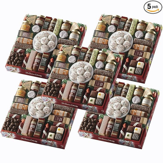 5 Red Gift Boxes - The Swiss Colony 27 Favorites Food Gift Set, Summer Sausage Meats and Cheeses, Assorted Chocolates, Candies, Petits Fours, Cheese & Charcuterie Board Gifts Basket Holiday Christmas