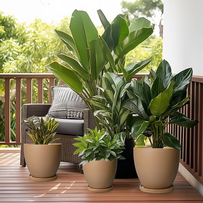 6.8 Inch Planter - Ceraimc Pots for Indoor Outdoor Plants Round Planters Modern Flower Pot with Drainage and Tray Home Garden Decor Brown