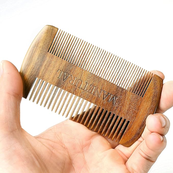 Premium Sandalwood Dual-Action Comb - Double-Tooth Design for Men's Fine & Wide Hair, Mustache Comb, Protective PU Leather Case