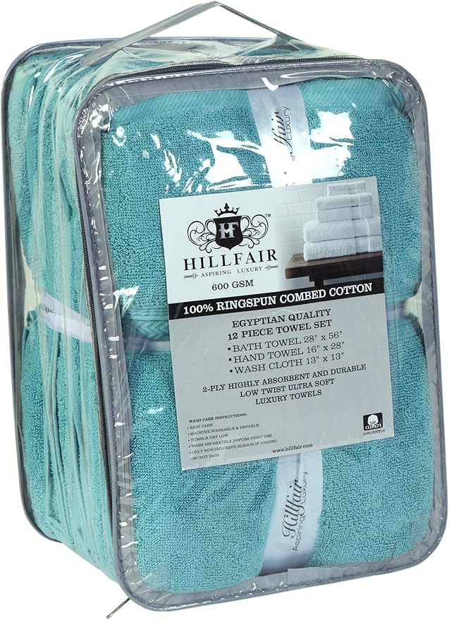 Hillfair Premium 600 GSM 6 Piece Aqua Cotton Bath Towel Set - 2 Bath, 2 Hand & 2 Washcloths - Machine Washable, Hotel Quality, Super Soft & Absorbent
