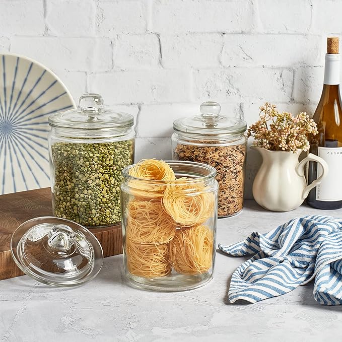 Le’raze 3pc Canister Sets for Kitchen Counter + Labels & Marker - Glass Cookie Jars with Airtight Lids - Food Storage Containers with Lids Airtight for Pantry - Flour, Sugar, Coffee, Christmas gift.