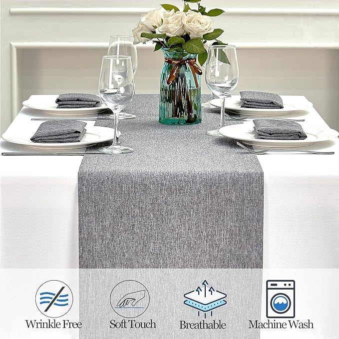 Mebakuk Linen Farmhouse Table Runner Large Burlap Style Soft and Waterproof Decorative Fabric Runner for Outdoor Wedding and Dinner (14 x 144 Inch, Dark Grey)
