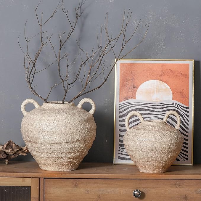 Ceramic Flower Vase, Large Farmhouse Vases Home Decor, Handmade Rustic Vase with Handles, Decorative Flower Vase for Home Entryway Living Room Dining Table Farmhouse Office Decor(8.6inch)