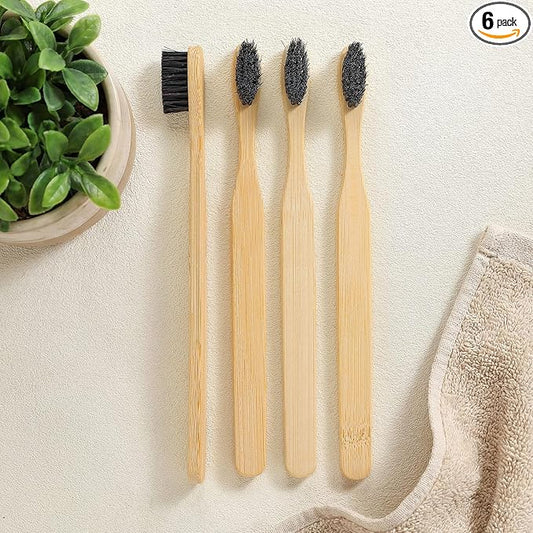 6 Pcs Horse Bristle Bamboo Toothbrush Soft Natural Bristle Bamboo Toothbrush (No Nylon, Horse Hair Only) Totally Compostable Biodegradable Zero Waste Plastic Free (Horsehair,Flat)