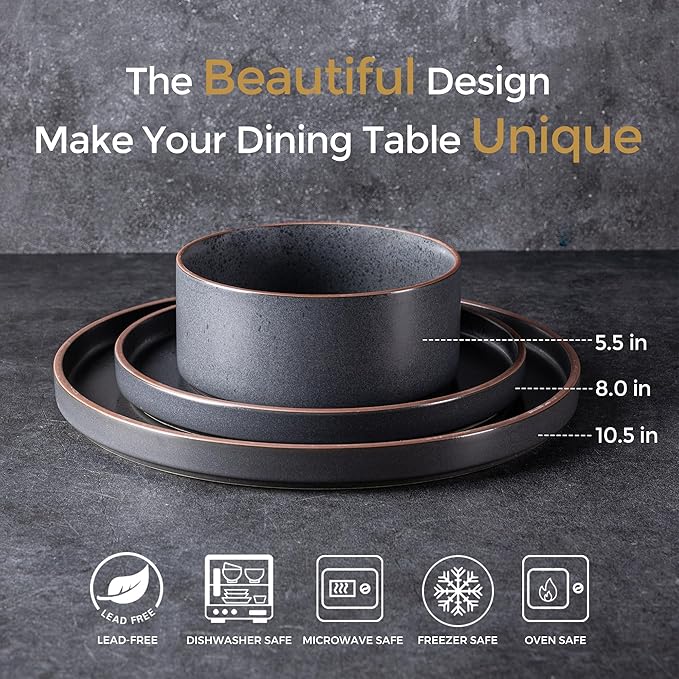 LERATIO Ceramic Dinnerware Sets for 8, High Edge Stoneware Plates and Bowls Set, Chip and Crack Resistant | Oven & Dishwasher & Microwave Safe Dishes Set, Service for 8 -Ashen