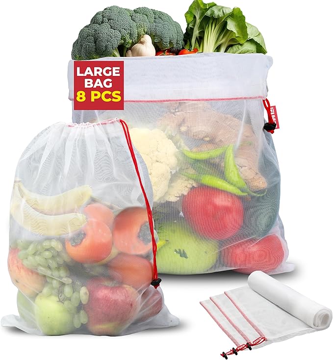 8 Pack Eco Friendly Reusable Mesh Produce Bags Washable Durable Mesh Produce Bags Drawstring with Colorful Tare Weight Tags
