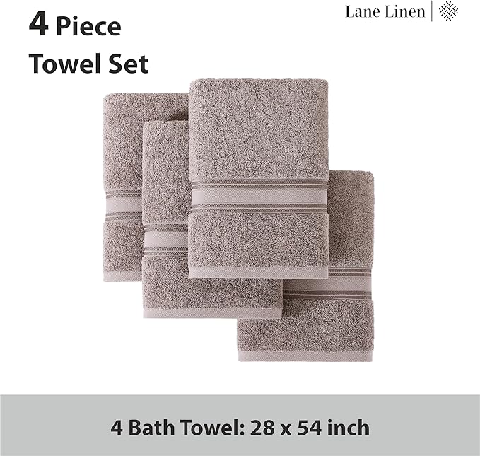LANE LINEN 100% Cotton Bath Towels Set of 4 (28"x54") - Zero Twist, Mercerized Cotton Bathroom Towel Set - Quick Dry, Very Soft & Absorbent Large Bath Towels - Mininmal Lint After 3 Washes - Platinum