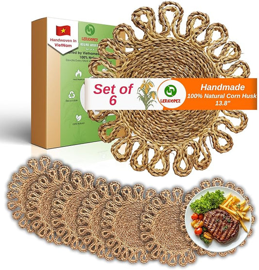 Handmade Round Woven Placemats Set of 6 – Natural Corn Husk Woven Place Mats – Heat Resistant, Non-Slip Wicker Table Mats – Rattan Round Placemats – for Dining, Weddings, Christmas & New Year Décor